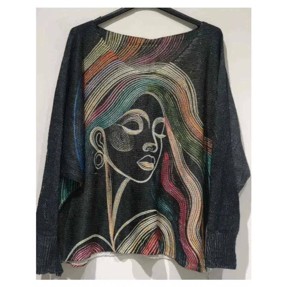 L84 Loowie Black Face Round Neck Knit Printed Sweater One Size